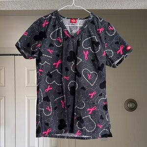 Dickies Black Scrub Top with Pink Ribbon & Heart Print